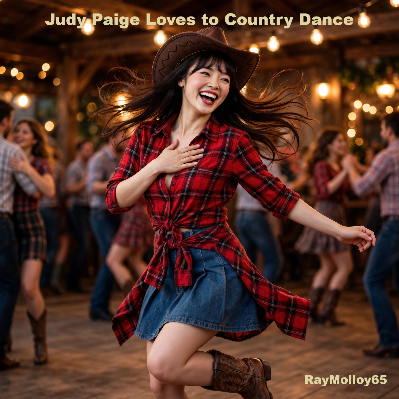 Pochette du single « Judy Paige Loves to Country Dance » — Judy Paige en pleine danse country joyeuse dans une grange aux guirlandes dorées, chemise à carreaux rouge nouée, jupe de denim, bottes et chapeau de cowboy, main sur le cœur