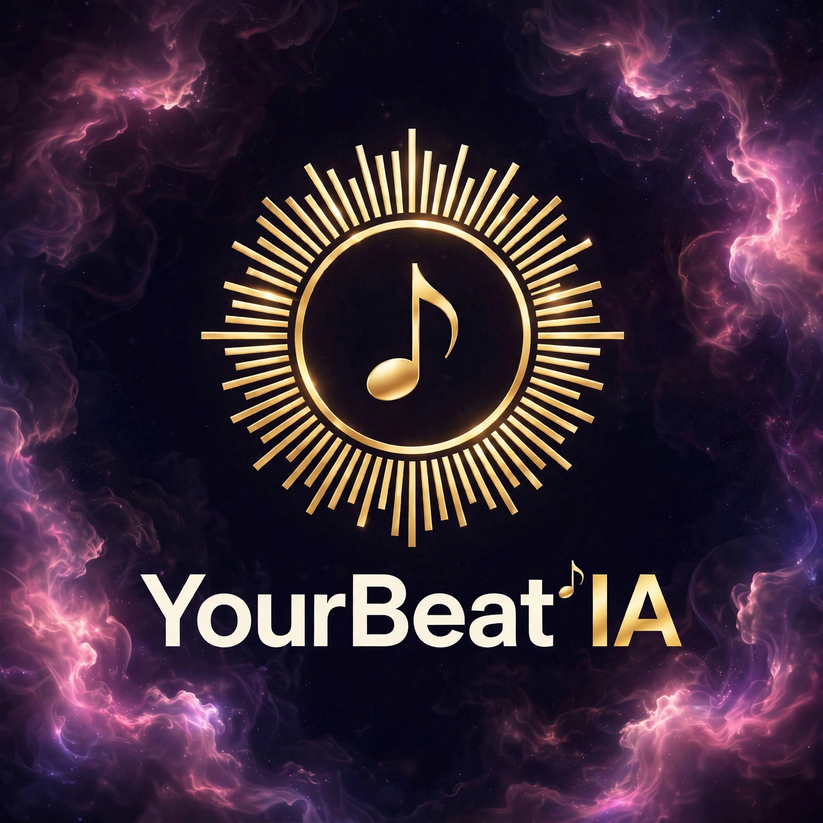 Logo officiel de YourBeat'IA — emblème doré, soleil de barres d'égaliseur autour d'une note de musique dans un anneau d'or, avec le mot-symbole YourBeat'IA dont l'apostrophe est une note dorée, sur fond de nébuleuse rose flamant et violet