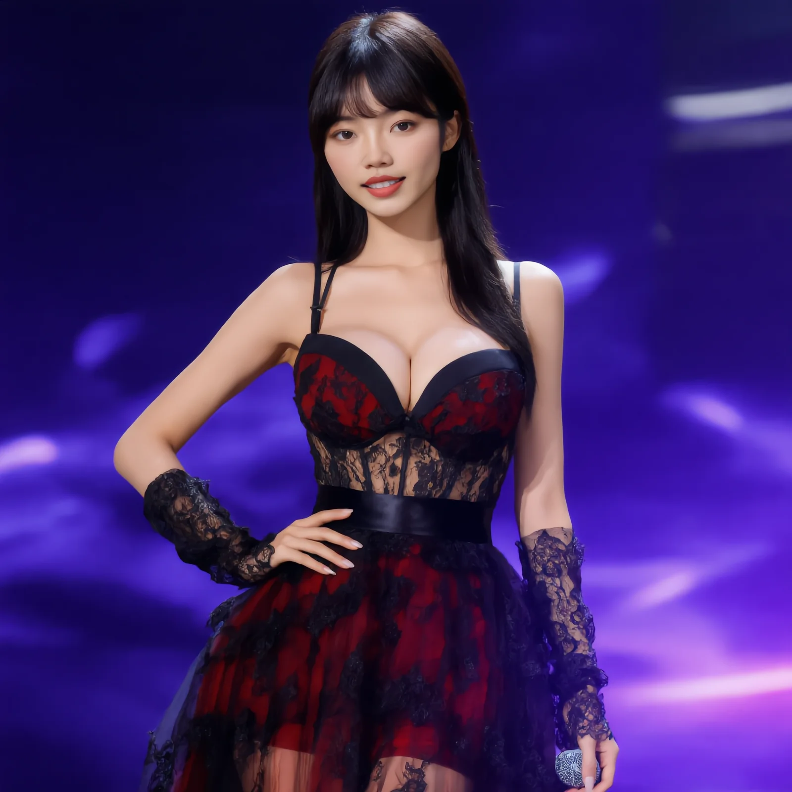 Judy Paige en robe de dentelle rouge et noire, micro à la main, sur une scène aux lumières violettes