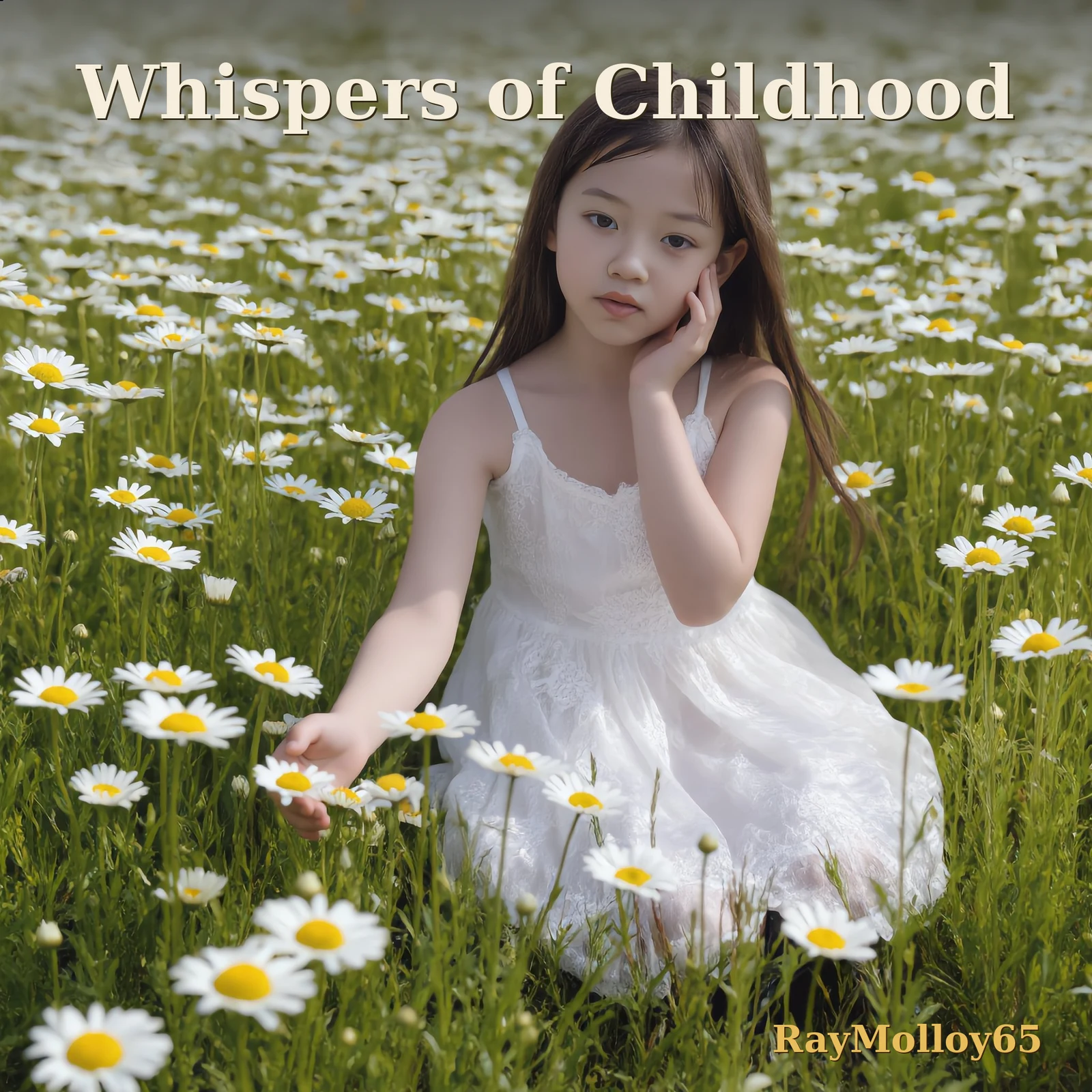 Pochette « Whispers of Childhood » — Rose, rêveuse dans un champ de marguerites, la main sur la joue ; titre en crème en haut, signature dorée RayMolloy65, petite, en bas à droite