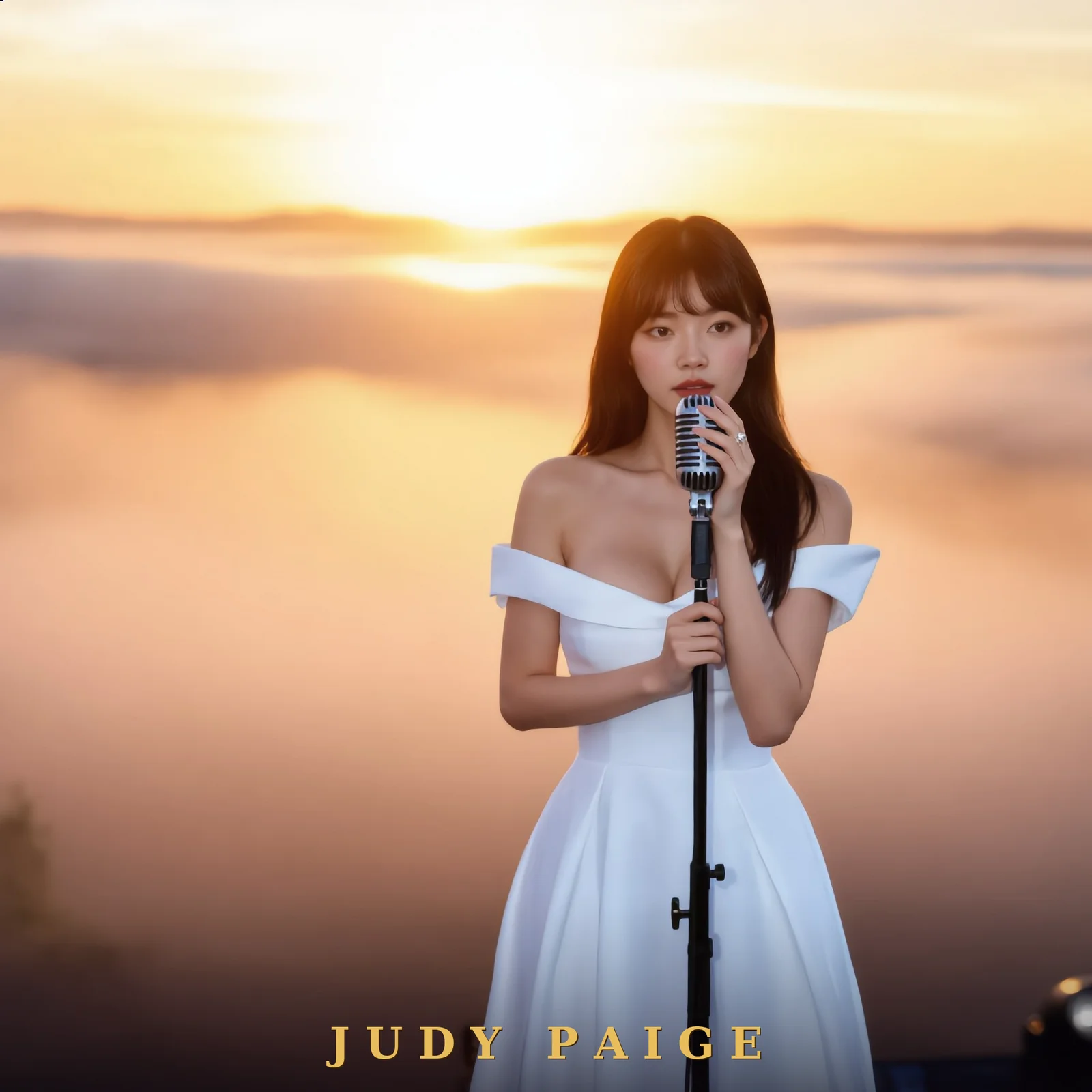 Affiche signée — Judy Paige en robe blanche au micro vintage, au-dessus d'une mer de nuages au lever du soleil, signée « JUDY PAIGE » en doré au bas