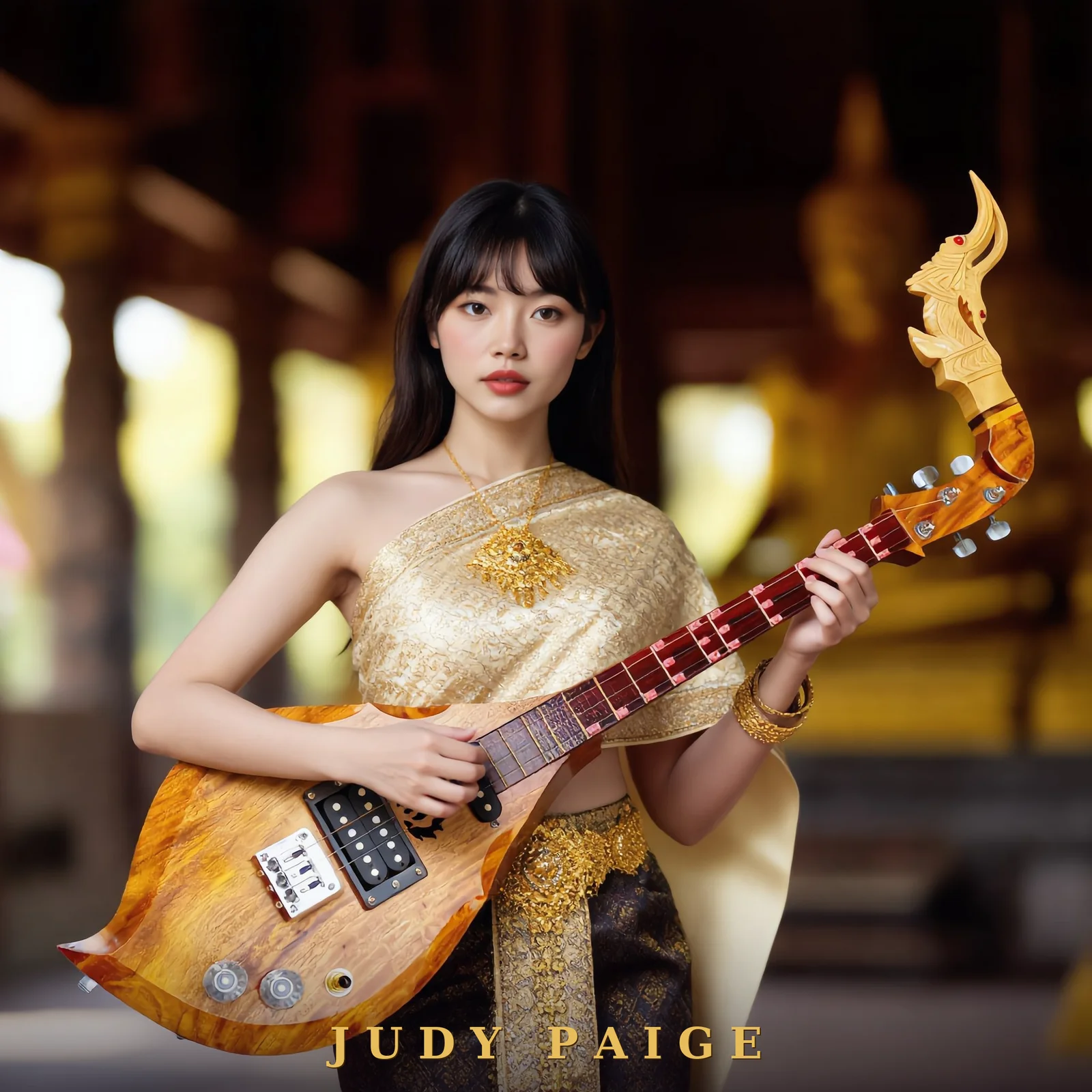 Affiche signée — Judy Paige en costume traditionnel thaï doré devant un temple, signée « JUDY PAIGE » en doré au bas