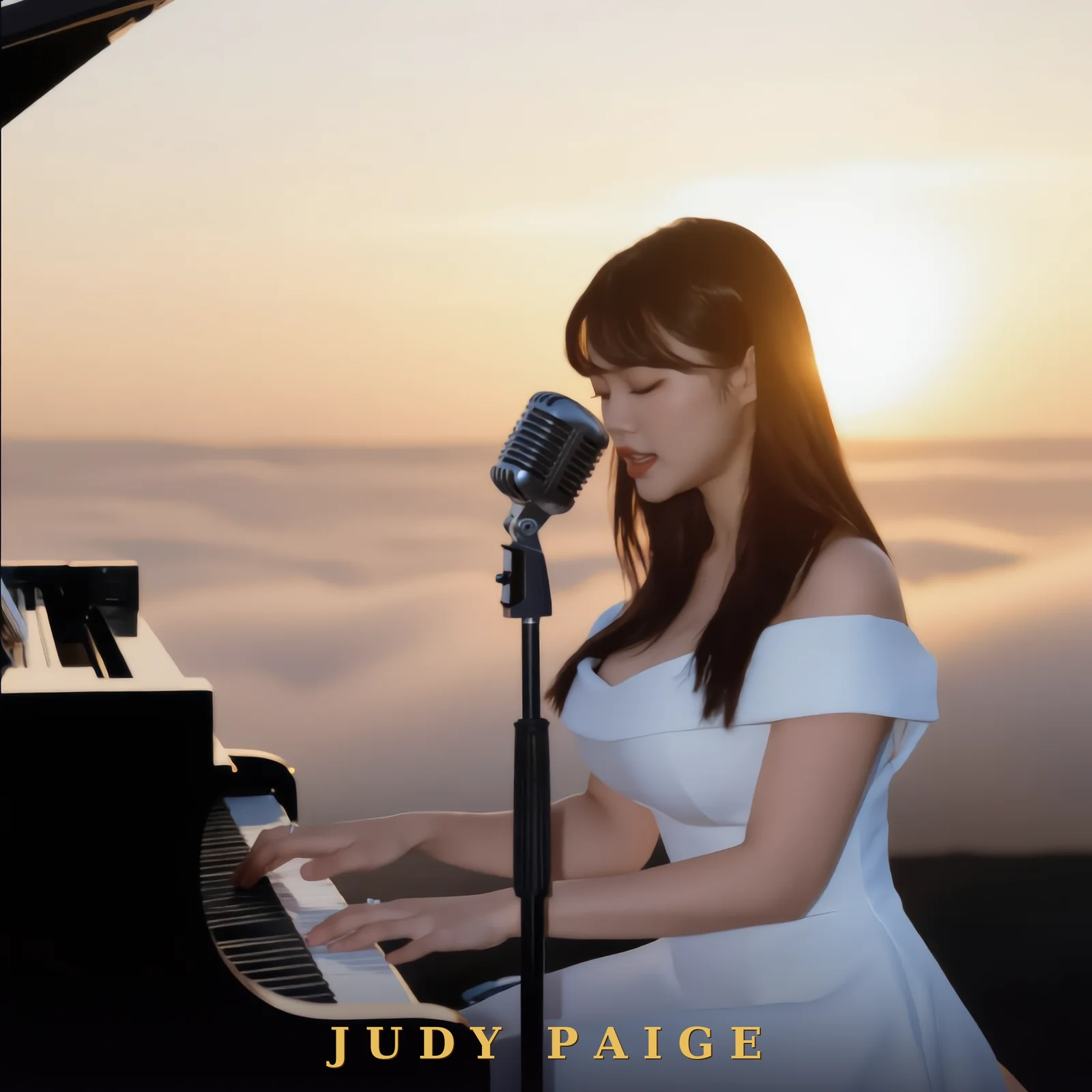 Affiche signée — Judy Paige de profil au piano dans les nuages, les yeux fermés, signée « JUDY PAIGE » en doré au bas