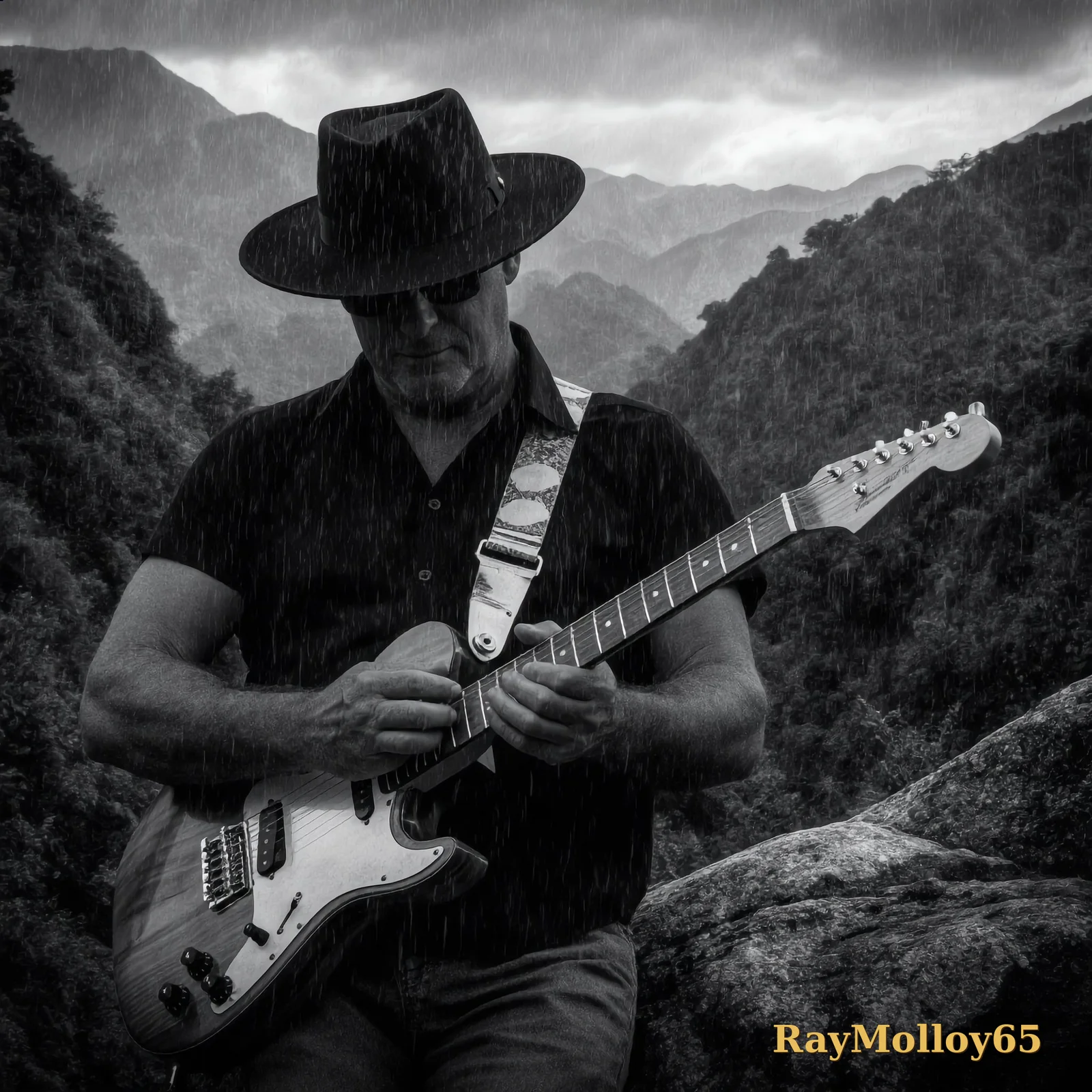 Affiche signée — RayMolloy65 en noir et blanc, sa guitare à la main sous la pluie dans les montagnes, signée « RayMolloy65 » en doré en bas à droite