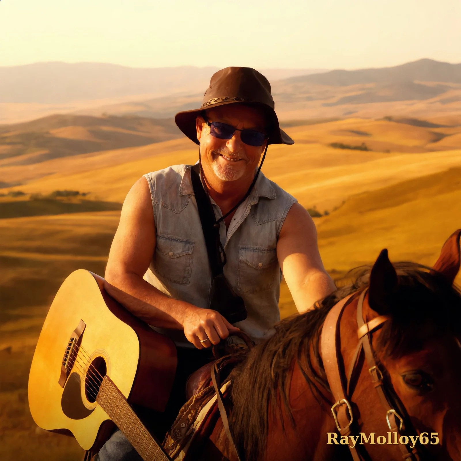 Affiche signée — RayMolloy65 à cheval, sa guitare à la main, dans les collines dorées, signée « RayMolloy65 » en doré en bas à droite