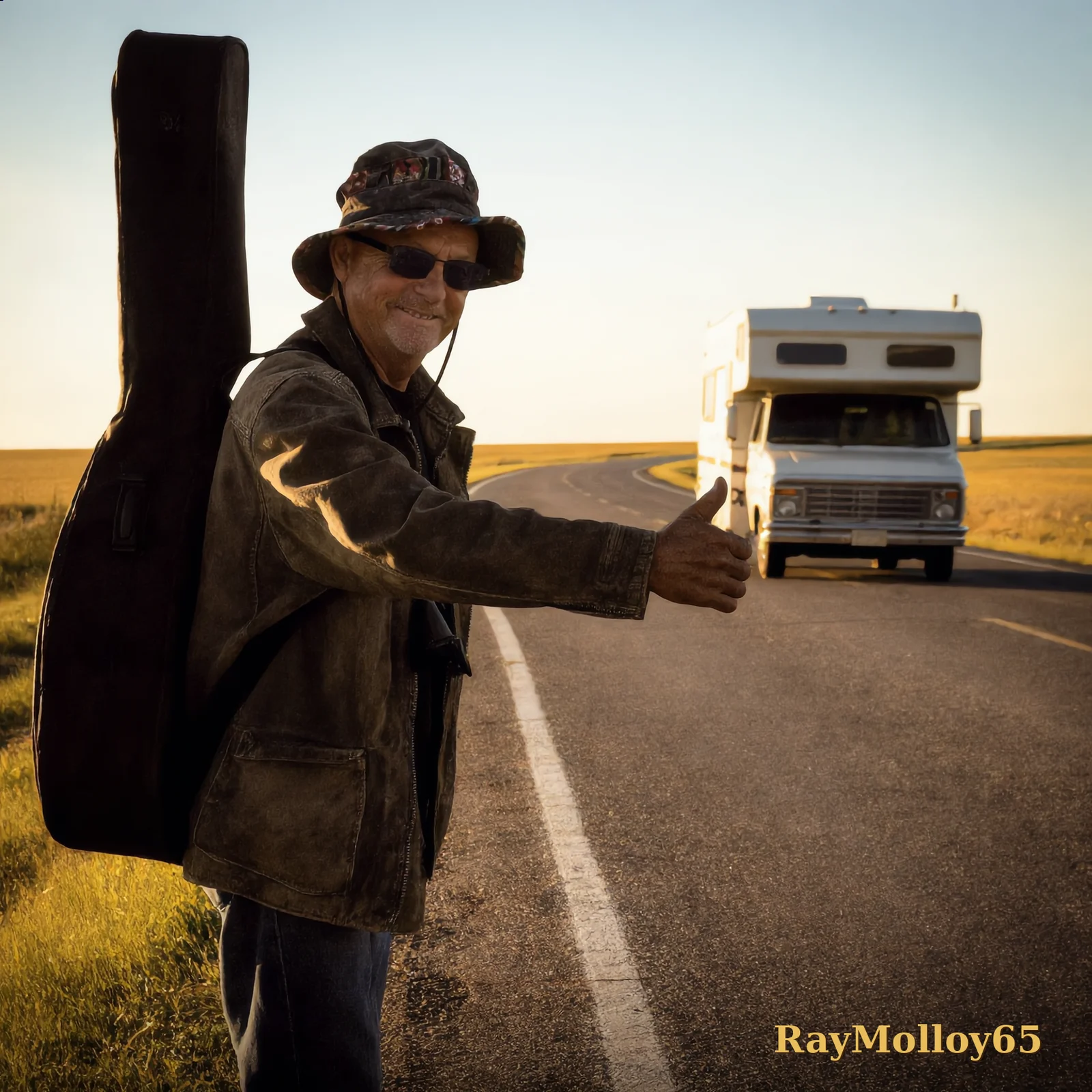 Affiche signée — RayMolloy65 sur le pouce au bord de la route, sa guitare au dos, signée « RayMolloy65 » en doré en bas à droite